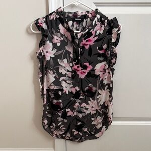 DKNY Black Floral Ruffle Sleeve Camisole with Pink Accents